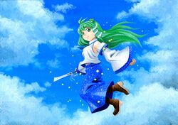  1girl boots breasts clouds detached_sleeves flying frog_hair_ornament gohei green_eyes green_hair hair_ornament japanese_clothes kawachi_koorogi kochiya_sanae miko snake_hair_ornament solo touhou 