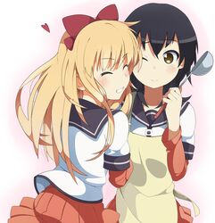  2girls apron black_hair blonde_hair brown_eyes closed_eyes funami_yui grin haseneko long_hair multiple_girls school_uniform serafuku short_hair smile spoon teeth toshinou_kyouko yuru_yuri 