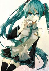  1girl 39 2013 absurdres aqua_eyes aqua_hair dated detached_sleeves hatsune_miku headset highres necktie skirt solo thigh-highs twintails vocaloid yahhooooi 