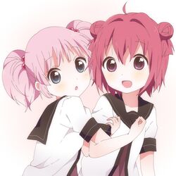  2girls :d akaza_akari arm_hug blue_eyes double_bun hair_bobbles hair_bun hair_ornament kumakichi_(toshigat) looking_at_viewer multiple_girls open_mouth pink_hair redhead school_uniform serafuku smile twintails violet_eyes yoshikawa_chinatsu yuru_yuri 