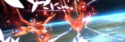  aerial_battle battle blazing_star dogfight highres jason_robinson no_humans planet science_fiction space space_craft starfighter 