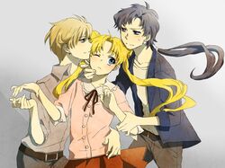  1boy 2girls arm_grab belt bishoujo_senshi_sailor_moon black_hair blonde_hair blue_eyes casual earrings eye_contact hand_on_another's_face hand_on_hip hands hasakichi jealous jewelry long_hair looking_at_another multiple_girls ponytail seiya_kou shirt short_hair simple_background ten'ou_haruka touching tsukino_usagi twintails wink 