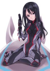  1girl arm_support black_eyes black_hair bodysuit breasts gun long_hair matsuryuu pistol shoutaura_sequenzia sitting solo to_aru_majutsu_no_index to_aru_majutsu_no_index_movie weapon 