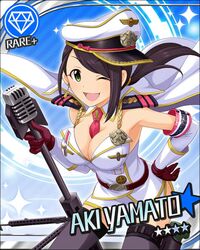  1girl ;d anti-materiel_rifle barrett_m82 black_hair black_legwear breasts cape cleavage detached_sleeves gloves green_eyes gun hat idolmaster idolmaster_cinderella_girls microphone necktie open_mouth rifle smile sniper_rifle tagme thigh-highs weapon wink yamato_aki 