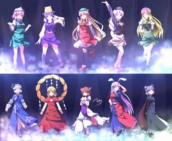  bow chen cosplay hair_bow hair_ribbon hat highres hijiri_byakuren konpaku_youmu long_hair mist moriya_suwako multiple_girls nazrin reisen_udongein_inaba ribbon saigyouji_yuyuko shimenawa thigh-highs touhou yagokoro_eirin yakumo_yukari yasaka_kanako 