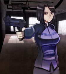  1girl black_eyes black_hair bob_cut fate/zero fate_(series) gun handgun hisau_maiya shiningberry solo weapon 