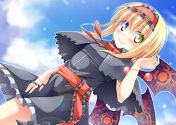  1girl alice_margatroid anni_minto blonde_hair blue_eyes capelet clouds dark_persona dress hairband heterochromia sash short_hair sky smile touhou wings yellow_eyes 