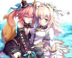  2girls caster_(fate/extra) fate/extra_ccc fate_(series) multiple_girls saber_bride saber_extra yude 
