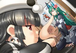  akidenmania angry ayanami_rei between_legs black_hair bodysuit boots dokurohime dutch_angle fingerless_gloves gloves green_hair hand_between_legs hat knee_boots long_hair menou_kaname minigirl neon_genesis_evangelion original pink_eyes poking poster_(object) red_eyes robot_ears sitting souryuu_asuka_langley stylus v_arms very_long_hair wariza 