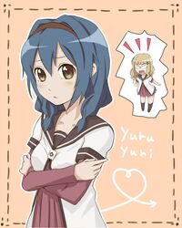  2girls angry black_legwear blonde_hair blue_hair brown_eyes crossed_arms furutani_himawari hair_ornament hairband hairclip looking_at_viewer minigirl multiple_girls oomuro_sakurako school_uniform serafuku yuru_yuri zias 