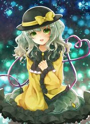  1girl blush eyeball green_eyes green_hair hat hat_ribbon heart heart_of_string highres komeiji_koishi long_hair open_mouth puracotte ribbon skirt smile solo third_eye touhou 