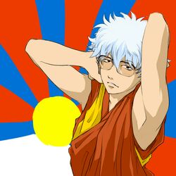  14th_dalai_lama 14th_dalai_lama_(cosplay) 1boy cosplay gintama glasses ogawa_shuusuke robe sakata_gintoki short_hair white_hair 