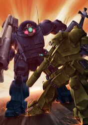  bazooka byeontae_jagga highres mecha no_humans radio_antenna scopedog_ii soukou_kihei_votoms sparks strike_dog weapon 
