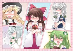  5girls ^_^ ascot bare_shoulders blonde_hair blue_eyes blush bow braid brown_hair closed_eyes commentary_request detached_sleeves embarrassed frog_hair_ornament gift green_hair hair_bow hair_ornament hair_ribbon hair_tubes hakurei_reimu hammer_(sunset_beach) izayoi_sakuya kirisame_marisa kochiya_sanae konpaku_youmu konpaku_youmu_(ghost) long_hair maid maid_headdress multiple_girls plaid plaid_background ribbon short_hair silver_hair skirt snake_hair_ornament tears touhou twin_braids white_day yellow_eyes 