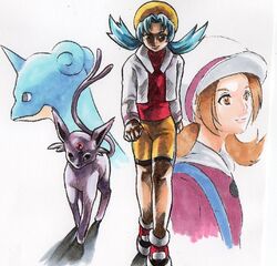  2girls bike_shorts blue_hair brown_hair bust crystal_(pokemon) dual_persona espeon kotone_(pokemon) lapras multiple_girls pokemon pokemon_(game) pokemon_gsc pokemon_hgss simple_background traditional_media twintails wakewaka_ran walking 