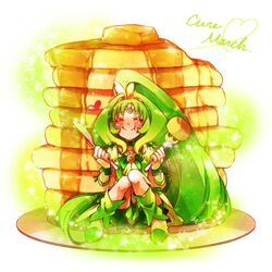  1girl bike_shorts blush character_name choker cure_march fork green_hair heart knife kuzumochi long_hair magical_girl midorikawa_nao pancake ponytail precure ribbon shorts_under_skirt sitting smile smile_precure! solo 