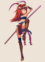  1girl fkey highres long_hair midriff red_eyes redhead solo wink 