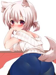  1girl alternate_costume animal_ears ass breast_rest breasts guratan_(guratan18) inubashiri_momiji kotatsu looking_back red_eyes short_hair silver_hair solo sweater table tail touhou wolf_ears wolf_tail 