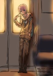  1boy inazuma_eleven_(series) inazuma_eleven_go kirino_ranmaru male necktie pink_hair rough scarf school_uniform shino_(syllable) solo standing sweater train train_interior 