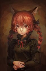  1girl animal_ears braid cat_ears dark kachou kaenbyou_rin long_sleeves lowres popped_collar red_eyes redhead sepia solo touhou twin_braids 