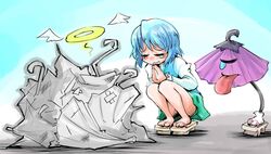  1girl angel_wings bare_legs blue_hair blush closed_eyes female geta halo highres karakasa_obake praying sandals shinapuu short_hair skirt solo squatting tatara_kogasa tears tongue touhou umbrella wings 