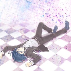  arisato_minato azu_(azu22azu) blue_eyes blue_hair checkered checkered_floor digital_media_player headphones lying male persona persona_3 school_uniform short_hair solo 