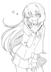  b_(kana0816) crossdressing glasses heart kami_nomi_zo_shiru_sekai katsuragi_keima lineart long_hair monochrome posing school_uniform skirt trap v wink 