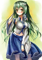  1girl adjusting_hair bare_shoulders breasts detached_sleeves frog_hair_ornament gohei green_hair hair_ornament highres japanese_clothes kochiya_sanae long_hair miko navel snake_hair_ornament solo suika_(atelier-yuu) touhou yellow_eyes 