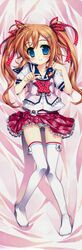  1girl absurdres ahoge blue_eyes blush brown_hair dakimakura fujima_takuya hair_ornament hairpin highres long_hair panties ribbon school_uniform smile thigh-highs twintails underwear 