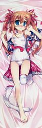  1girl absurdres ahoge barefoot bed blue_eyes blush brown_hair dakimakura fujima_takuya hair_ornament hairpin highres long_hair open_mouth ribbon school_uniform shy swimsuit thigh-highs twintails 
