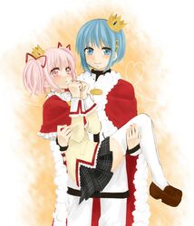 2girls blue_eyes blue_hair blush cape capelet carrying crossdressing crown fur_trim fuyuneko hair_ornament hair_ribbon hairclip highres kaname_madoka mahou_shoujo_madoka_magica miki_sayaka multiple_girls pink_eyes pink_hair princess_carry ribbon school_uniform short_twintails smile thigh-highs twintails zettai_ryouiki 