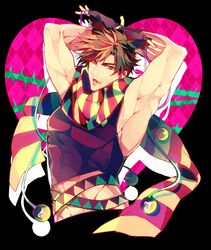  1boy arms_up black_hair bola_(weapon) fingerless_gloves gloves heart hermit_purple_(stand) jojo_no_kimyou_na_bouken joseph_joestar_(young) midriff multiple_boys muscle posing solo stand_(jojo) takashi_(huzakenna) thorns vines 