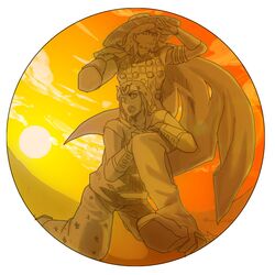  2boys cape fisheye food fruit gyro_zeppeli hat jacob1109 johnny_joestar jojo_no_kimyou_na_bouken multiple_boys orange steel_ball_run 