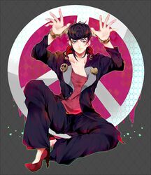  1boy black_hair cuffs gakuran handcuffs higashikata_jousuke high_heels jojo_no_kimyou_na_bouken kumio-appon lipstick makeup pompadour school_uniform shoes sitting solo 