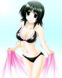  1girl atsuko bare_shoulders bikini breasts engo_(aquawatery) frilled_bikini frills green_eyes green_hair highres large_breasts minami-ke navel short_hair solo swimsuit towel 