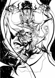  2boys adjusting_hat chain fingerless_gloves foreshortening from_above gakuran gloves hat jojo_no_kimyou_na_bouken kuujou_joutarou long_hair makabe manly monochrome multiple_boys school_uniform stand_(jojo) star_platinum 