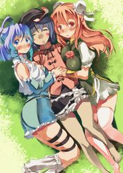  3girls adapted_costume alternate_costume alternate_hair_length alternate_hairstyle barefoot belt beret blush_stickers breast_press breasts chinese_clothes cleavage curvy flower frills hat ibaraki_kasen jiangshi kaku_seiga large_breasts legs long_hair miyako_yoshika multiple_girls ofuda rose short_hair skindentation skirt sleeping socks thigh-highs thigh_strap touhou vest yohane zettai_ryouiki 