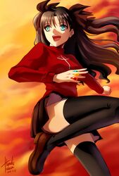  1girl between_fingers black_hair black_legwear blue_eyes fate/stay_night fate_(series) gem hair_ribbon haneki long_hair ribbon signature solo thigh-highs toosaka_rin turtleneck two_side_up 