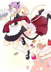 2girls animal_ears apron bags_under_eyes black_legwear blonde_hair blush brown_eyes butter cake cat_ears cat_tail dress earrings food fruit hair_ornament hair_over_one_eye hairclip highres hug hug_from_behind idolmaster idolmaster_cinderella_girls jewelry kneehighs koshimizu_sachiko looking_at_viewer maid maid_headdress multiple_girls open_mouth pancake purple_hair red_eyes shirasaka_koume short_hair skirt sleeves_past_wrists smile strawberry tail wadaka white_legwear 