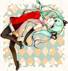  1girl argyle argyle_background elbow_gloves gloves green_eyes green_hair hatsune_miku headset high_heels long_hair nakaikane necktie shoes solo thigh-highs twintails vocaloid 