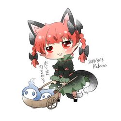  1girl animal_ears blush braid cat_ears cat_tail kaenbyou_rin lowres rebecca_(keinelove) red_eyes redhead ribbon short_hair skull tail touhou wheelbarrow 