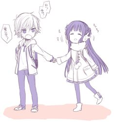  1boy 1girl backpack bag bunny_hair_ornament coat gloves holding_hands long_hair original pantyhose purple_hair randoseru scarf tibimimi translated 