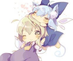  2girls :> =_= animal_ears biting blue_hair blush cat_ears cirno daiyousei dress fairy_wings green_eyes green_hair ice ice_wings masirosu multiple_girls necktie ribbon short_hair touhou wings wink 