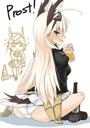  2girls alcohol animal_ears beer beer_mug blush boots bottle drunk goggles goggles_on_head hanna-justina_marseille hat head_wings leather_jacket long_hair looking_at_viewer looking_back military military_uniform multiple_girls ogitsune_(ankakecya-han) open_mouth pink_hair raisa_pottgen short_hair strike_witches tail uniform 