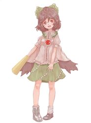 1girl alternate_hairstyle arm_cannon black_hair blush bow cape hair_bow highres mismatched_footwear open_mouth red_eyes reiuji_utsuho short_hair skirt smile solo third_eye touhou weapon wings young 