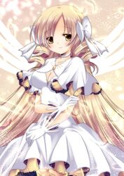  1girl alternate_hair_length alternate_hairstyle blush bow breasts choker cleavage cleavage_cutout dress drill_hair feathers frills gloves goddess_madoka hair_bow long_hair mahou_shoujo_madoka_magica nanoha-h smile solo sparkle star_(sky) tomoe_mami twin_drills ultimate_madoka_(cosplay) very_long_hair 