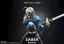  1girl ahoge armor armored_dress artist_name blonde_hair character_name dress engrish excalibur fate/stay_night fate_(series) from_behind gauntlets hair_ribbon lawliert ranguage ribbon saber solo sword weapon 