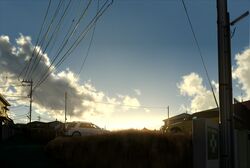  building car clouds highres house mogumo motor_vehicle no_humans original pole power_lines scenery sky sunlight vehicle 