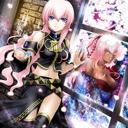  2girls blue_eyes bracelet candle dark_skin headphones highres jewelry kuromayu long_hair megurine_luka multiple_girls pink_hair vocaloid window 