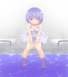  1girl barefoot blue_eyes blue_hair dress highres pool short_hair sitting solo water white_dress 